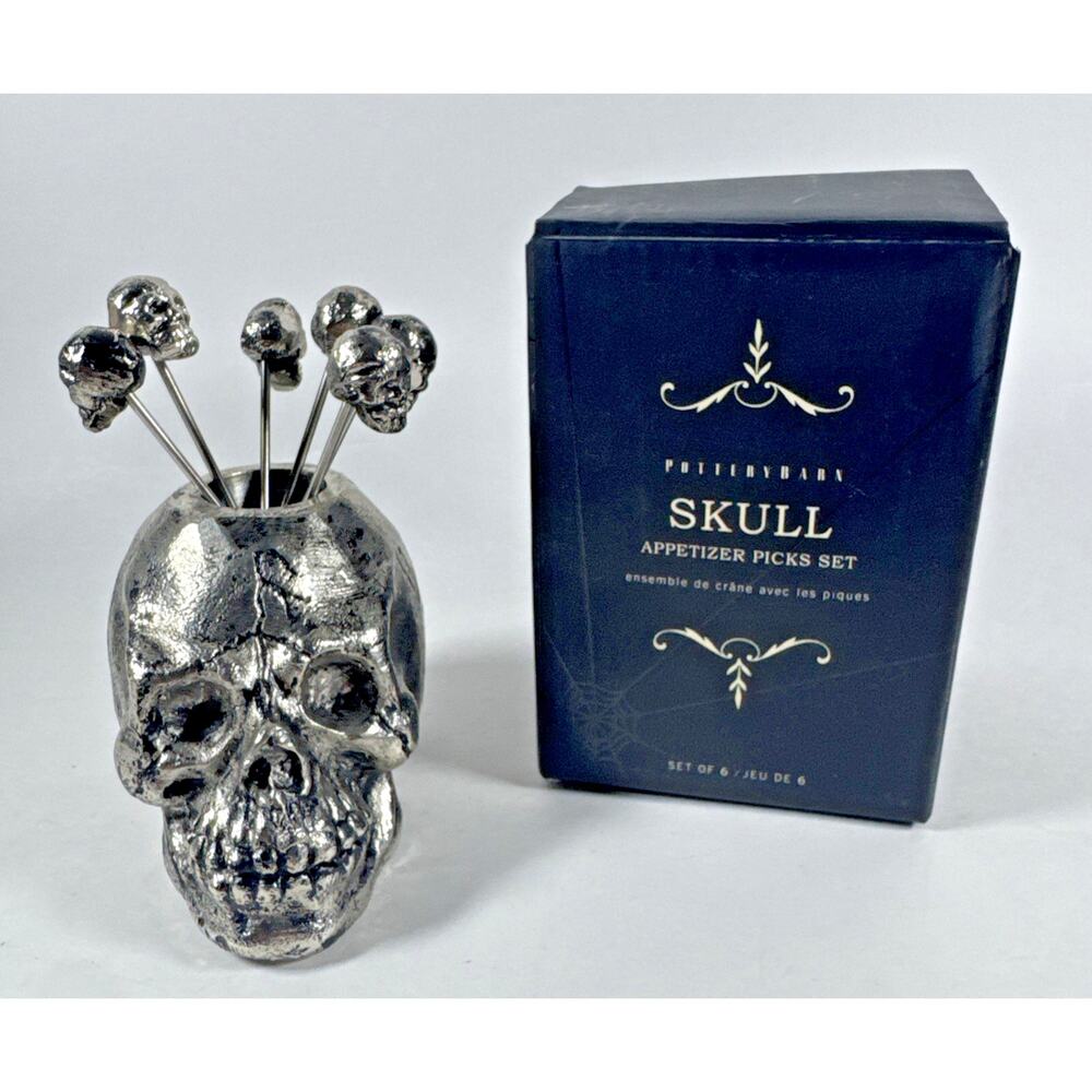 Pottery Barn Skull Head Halloween Appetizer Cocktail Picks Set